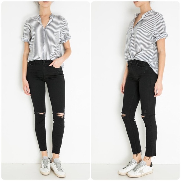 New! Mother Looker Ankle Fray Distressed Black Skinny Jeans in Guilty in Sin🖤25 - Picture 1 of 9